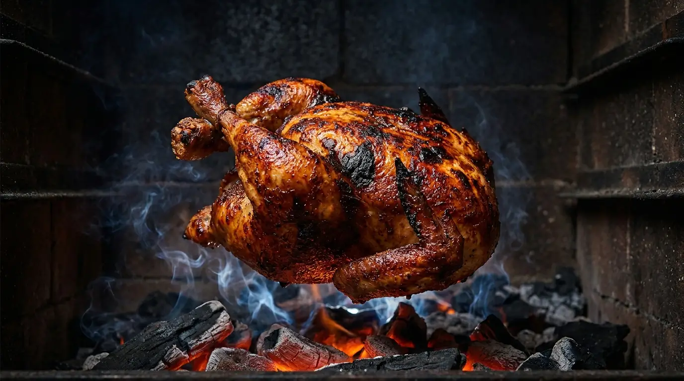 Pollo a la brasa sul carbone